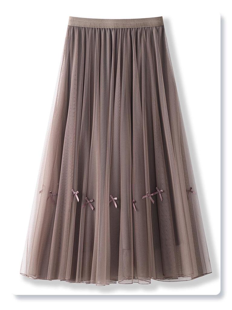 White Women's Drapey A-Line Mesh Skirt - 2024 New Autumn, Spring Mid-Length Pleated Style