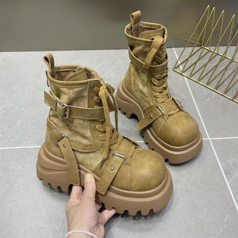 European Denim Big-headed Muffin Thick-soled Martin Boots for Women's 2025 Spring and Autumn New Small Height-increasing Locomotive Short Boots