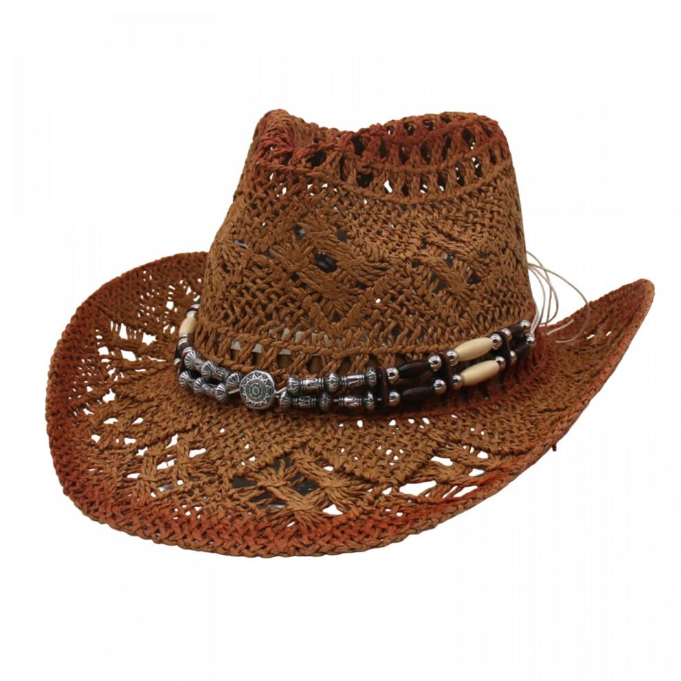 (L, Colorful) Cowgirl Hats for Women Men Outdoor Western Hat Wide Brim Straw Sun Hat with Beaded Ropes