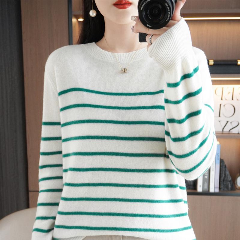 Women's Designer Striped Wool Knit Sweater - Contrasting Colors, Round Neck
