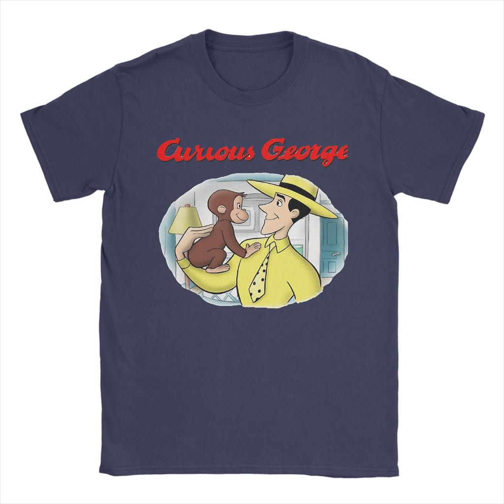 Vintage Curious George T-Shirt Herren Baumwolle Kurzarm Niedlich Cartoon O-Ausschnitt Sommer Top T-Shirt