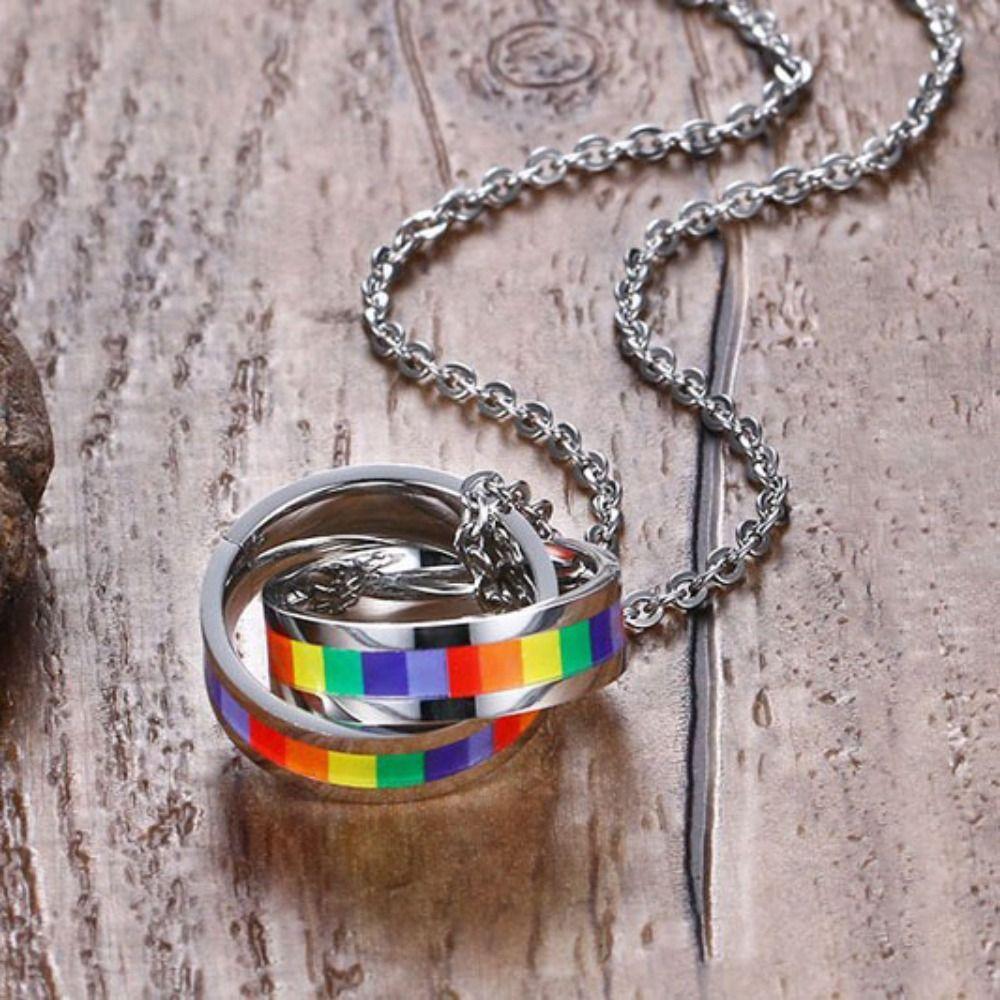 Pride Day Ring Pendant Necklace Turkish Charm Titanium Steel Necklace Rainbow Necklace  Pride Month