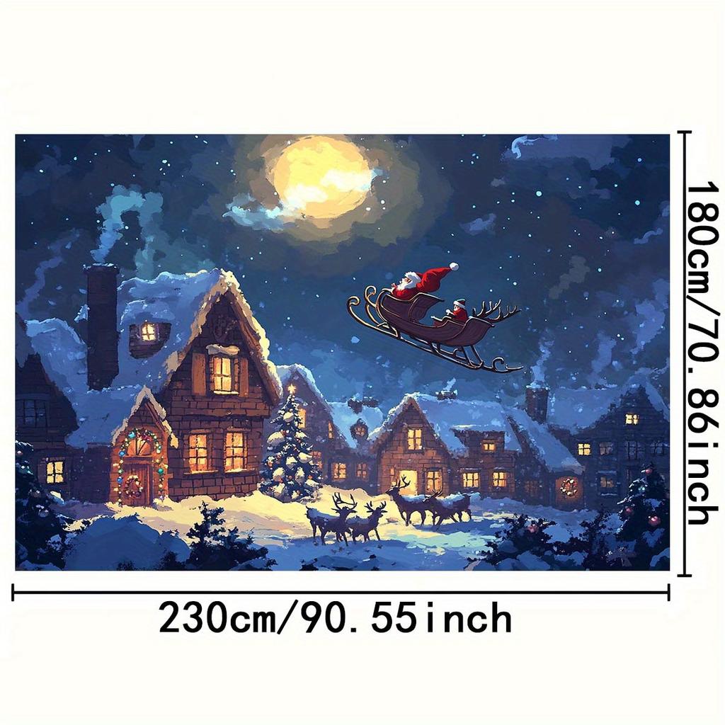 Santa Claus Sled Village Christmas Background with Moon Snow and Reindeer - Polyester No Power Required