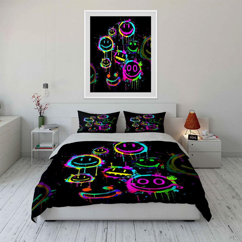 Colorful Neon Smiley Faces Pattern Bedding Duvet Cover Set  (1*Duvet Cover 2*Pillowcases, without duvet insert)