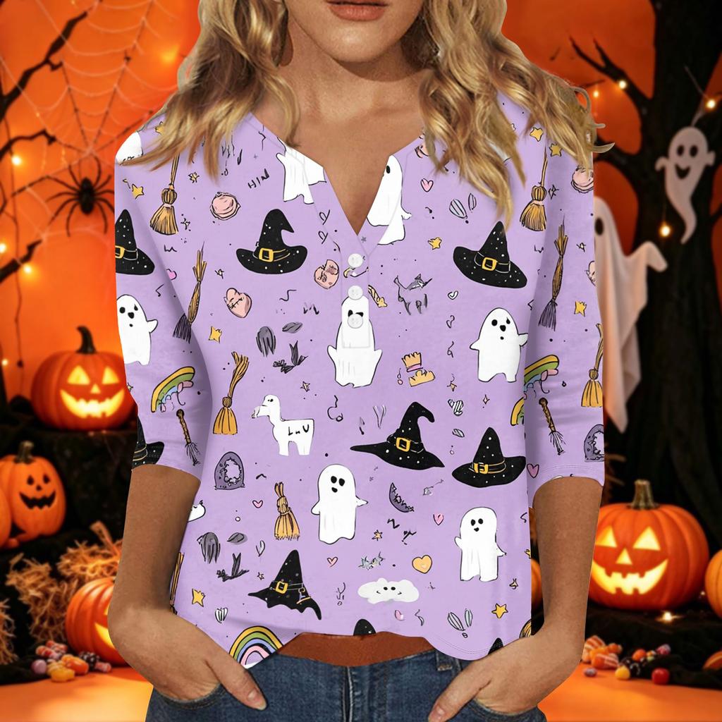 Women's Halloween Print V-Neck Short Sleeve T-Shirt with Decorative Buttons for Casual Fall Outfits