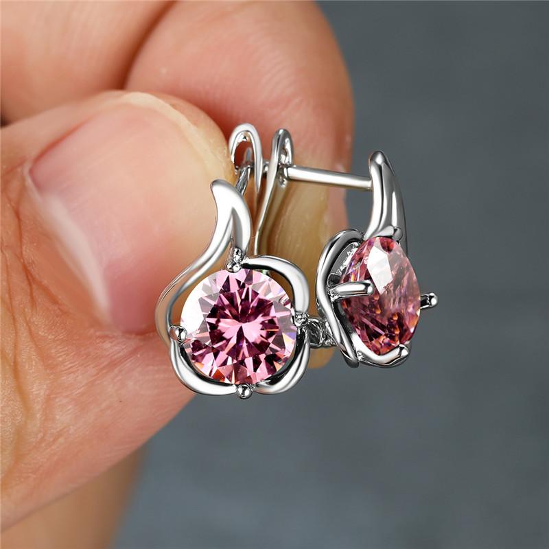 Round Rainbow Red Blue Green Yellow Black Stone Flower Hoop Earrings For Women Silver Color White Zircon Small Ear Buckle Gifts