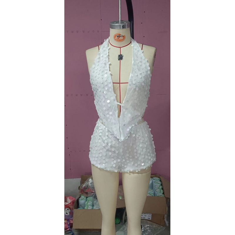 

European and American Style Sequined Top and Shorts Fashion Set for Women Pleated Blazer and Short Skirt Set 502 Pearlescent White Shorts Suit L
