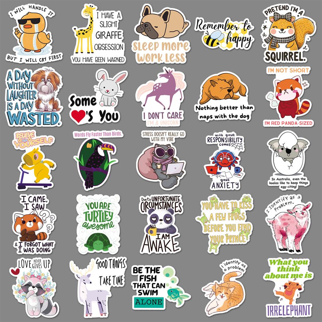 50 Animal Quotes Graffiti Stickers Personality Cartoon English Phrases Decorative Mobile Phone Case Suitcase Stickers