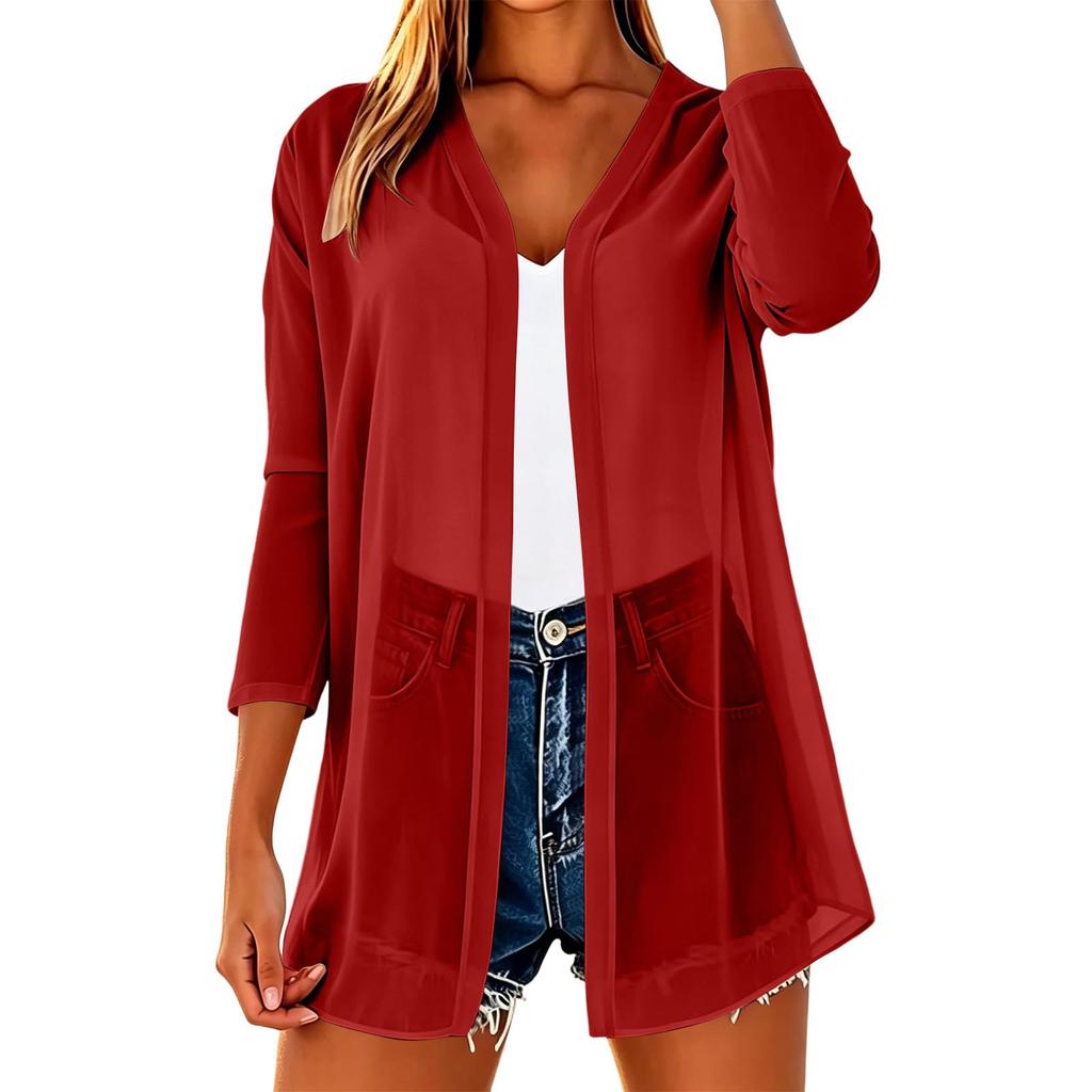 Women's Lightweight Chiffon Open Front Cardigan Three Quarter Sleeve Loose Fit Summer Outerwear Layering Top for Casual Wear