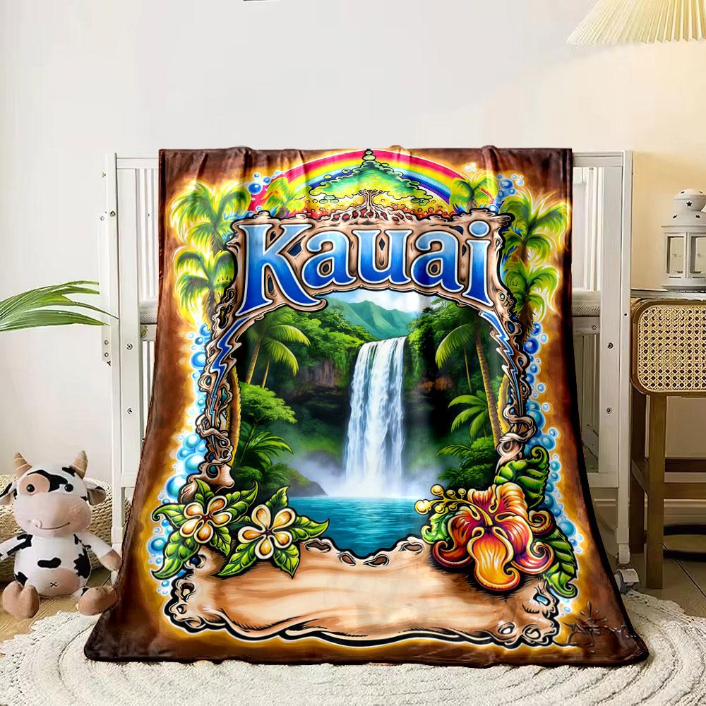 

A vibrant tropical design featuring a waterfall, flowers, and palm trees. for all seasons blanket lunch break throw gift 80cm x 120cm