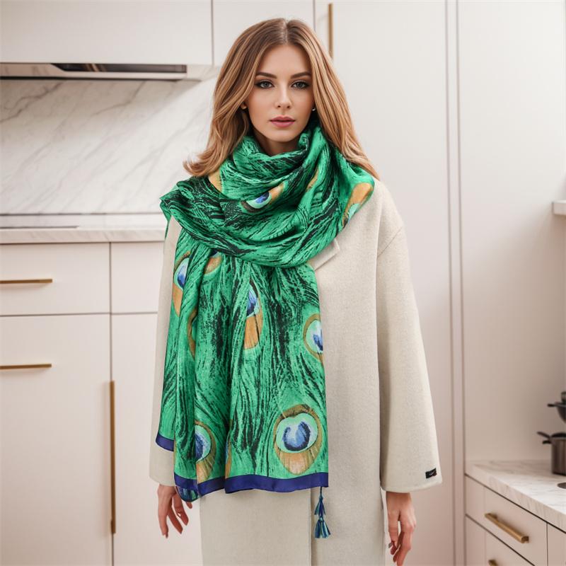 Neuer Luxus Pfau Seidenschal Schal Damen Print Design Pashmina Halstuch Wickeltuch Muslimischer Kopf Turban Bandana Foulard Echarpe