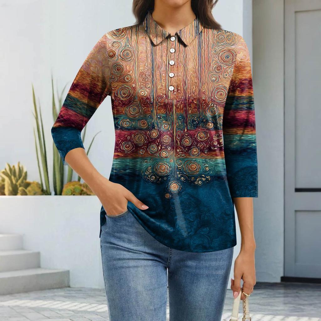 Women's Fashion Casual Lapel Short 3/4 Sleeve Print Shirt Women's Button Up Tops
