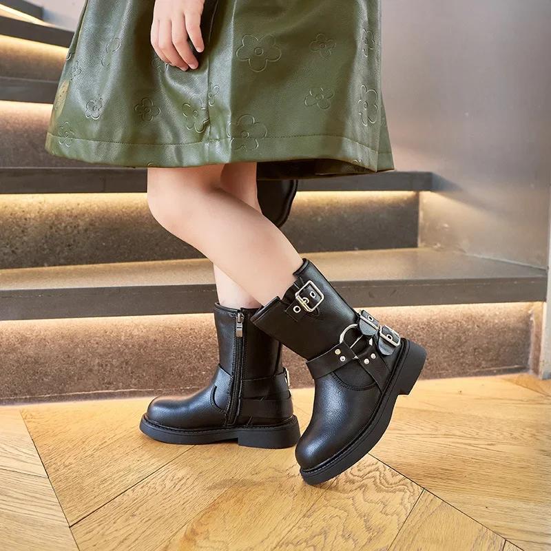 2024 Children Leather Shoes for Girls Autumn Winter New Fashion British Style Soft Bottom Anti-slippery Versatile Short Boots
