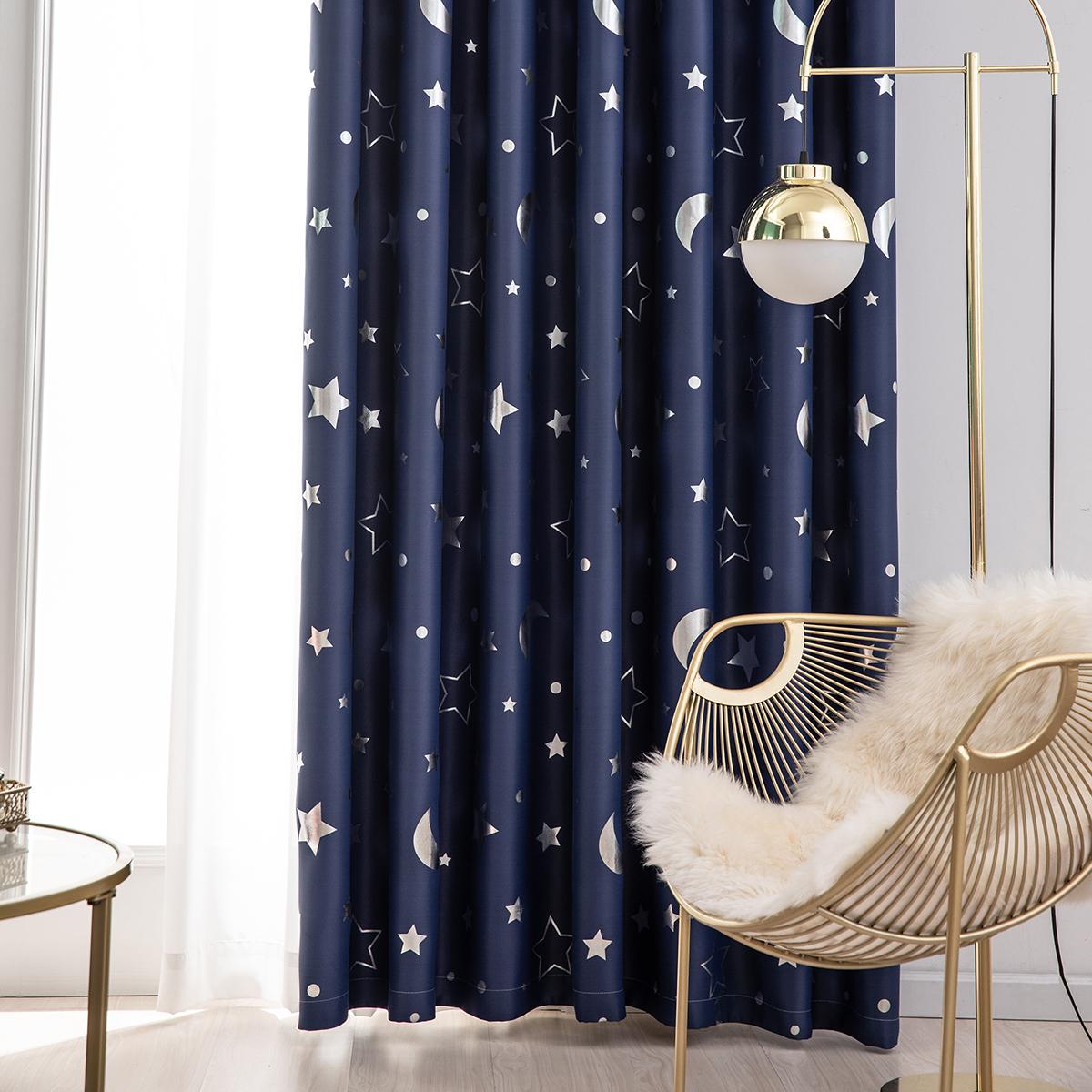 

2pc Curtain with Hot Silver Star and Moon Full Blackout Bedroom Living Room Heat Insulation Light Blocking Curtain 117cm * 183cm темно-синього кольору