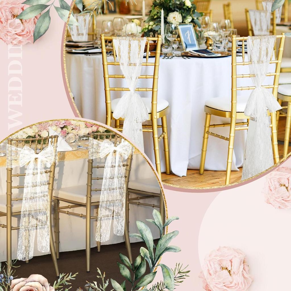 10Pcs 18x275cm White Lace Chair Sashes Boho Bows Rustic Chair Ties Slipcovers for Wedding Baby Shower Birthday Party Table Decor