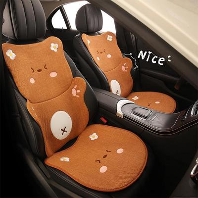 Universal Car Seat Cushion - Cute Cartoon Bear Design for Leapmotor C10/B01/B10/C11, Cotton Linen Fabric for All Seasons