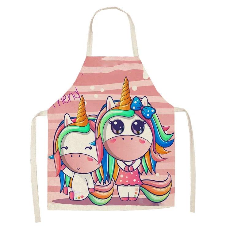 1Pcs Kitchen Apron Cartoon Unicorn Music Printed Cotton Linen Aprons for Women Men Cooking Accessories Delantal Cocina Mujer
