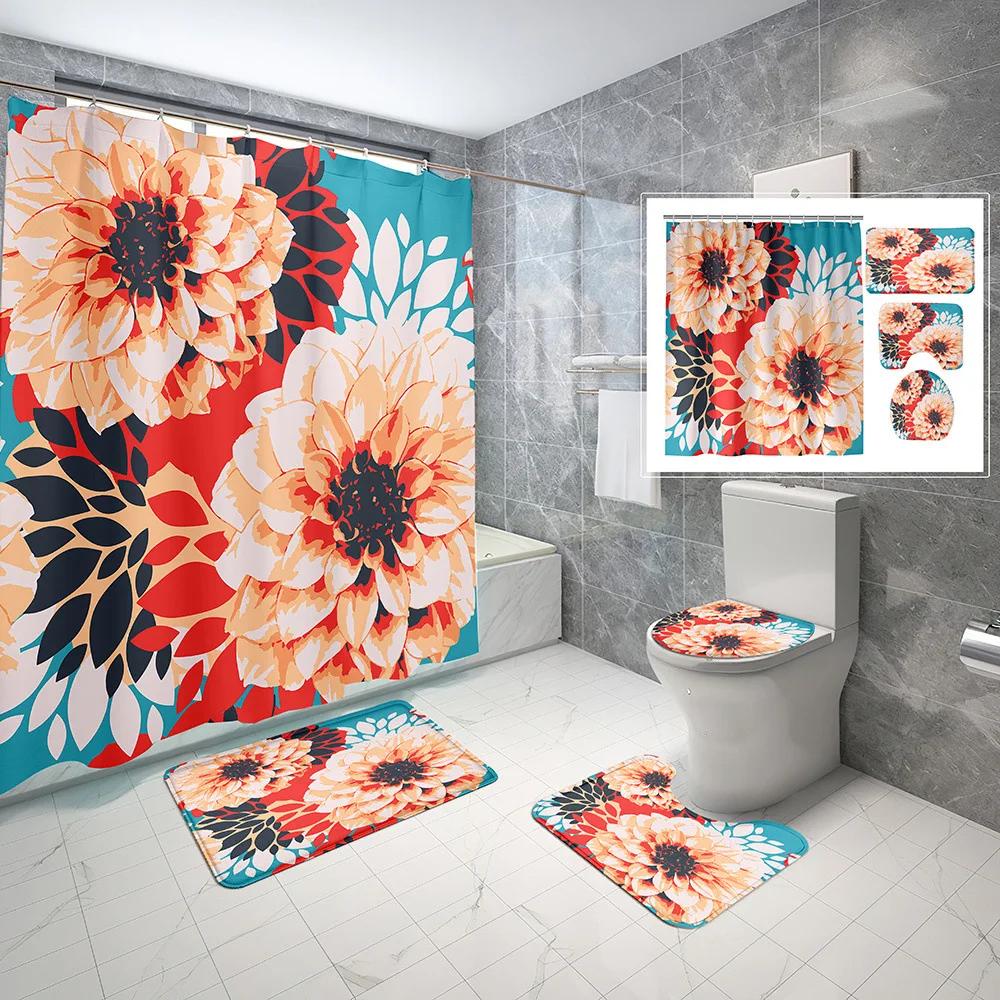Elegant Leaves Big Flowers Print Shower Curtain With Hooks High Quality Waterproof Bathroom Curtain Bath Mat Set Home Decoration
