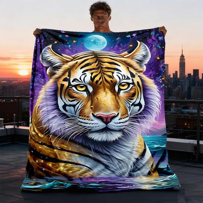 1pc Tiger Moon Night Throw Blanket Polyester Fiber, Lightweight Flannel, Soft & Warm, All Season Use for Outdoor, Camping