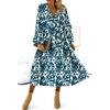 Bohemia European American Summer New Fashion V Neck Leaves Print Horn Long Sleeves Mid Length Long Length Dress Dress