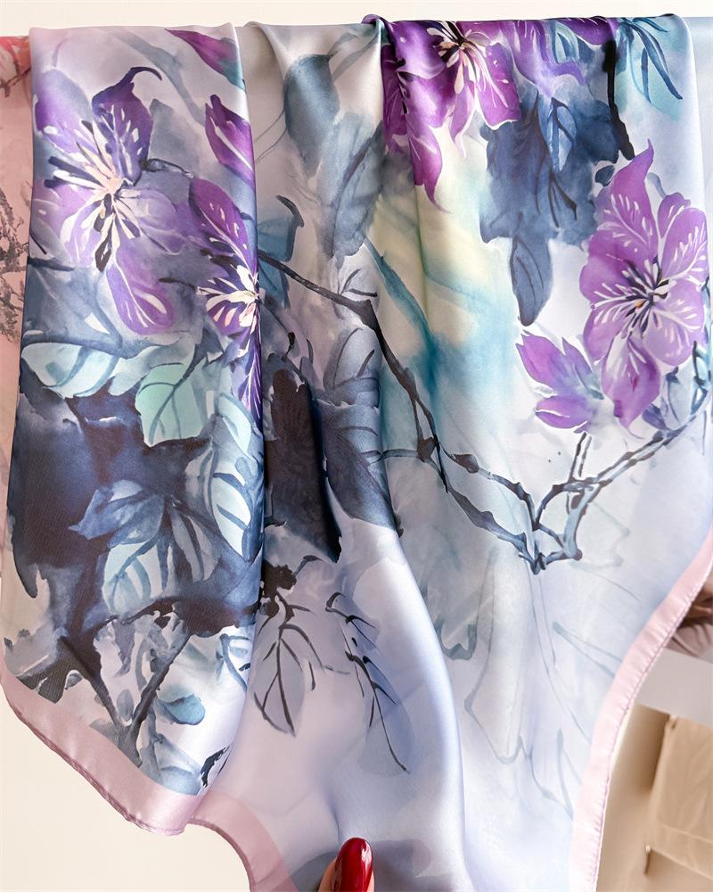Luxury Flower Design Scarf Women Satin Scarves Bandana Hijab Neckerchief Shawl Kerchief Hair Band Foulard Lady