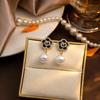 French Retro Exquisite Camellia Necklace Ring Set, Light Luxury Metal Design Pearl Earrings Set For Women