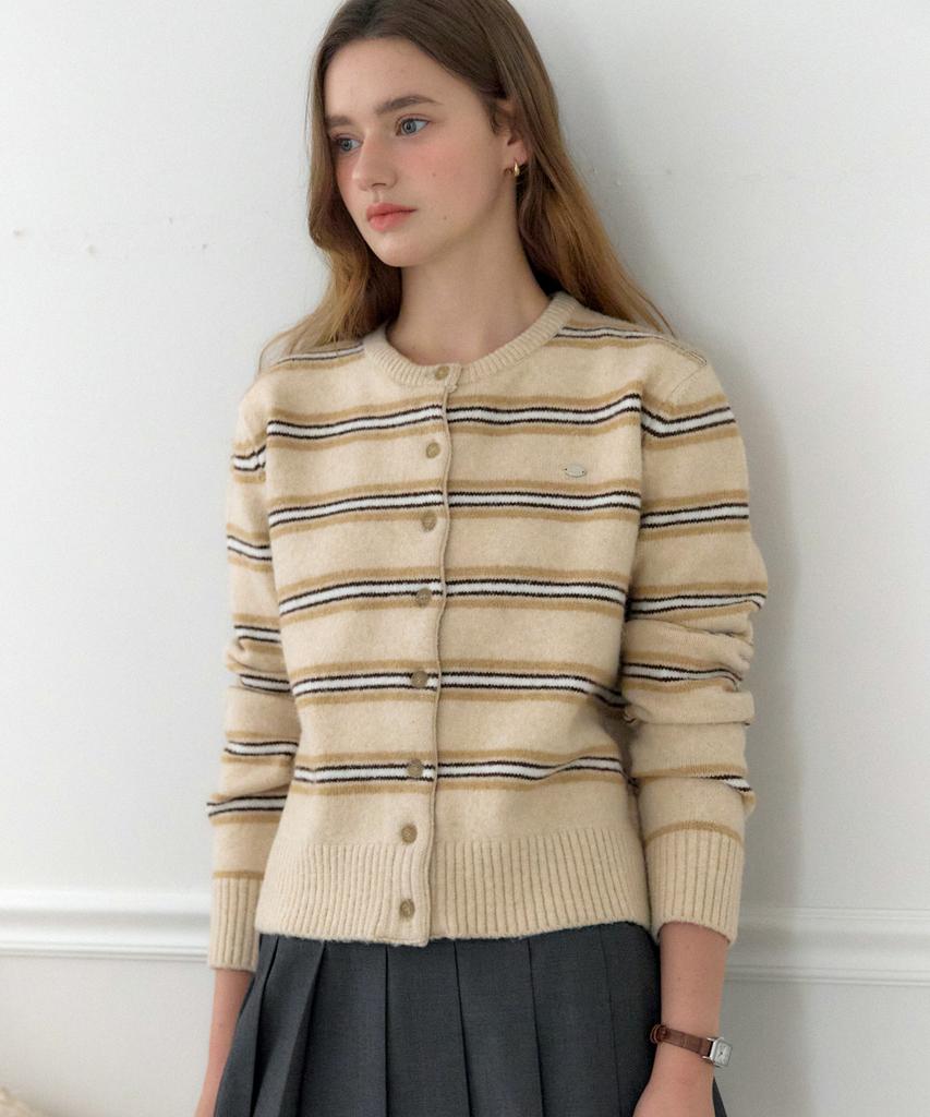 Ourhope Multi-Stripe Round Neck Cardigan - Beige