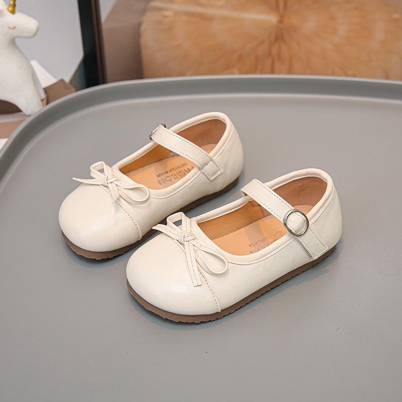 Girls' Bow Princess Shoes - 2026 Spring/Autumn Korean Style, Cute Leather with Magic Strap