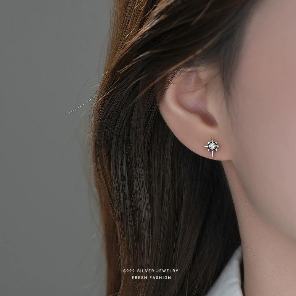 F5870-Trendy Octagram Zircon Stud Earrings for Women S999 Pure Silver Versatile Personality High Street Style Sterling Silver