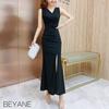BEYANE Mermaid Slit Long Cabaret Stretch Casual Work Midi Ladies Lined Cabaret Long Maxi Corset Halter V-Neck Dress, Women's Dress, Dress, Club,