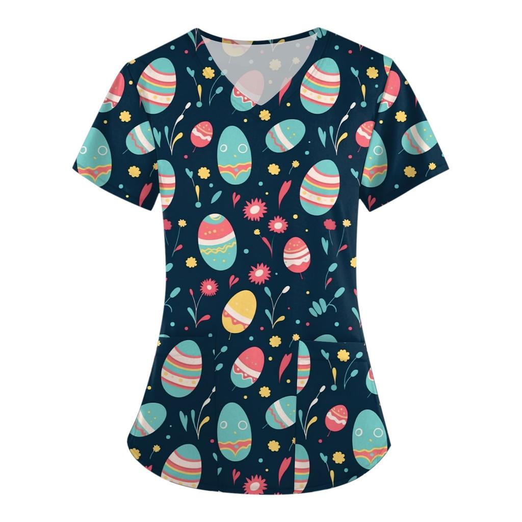 Women's Fashion V-neck Short Sleeve Workwear With Pockets  Printed Tops