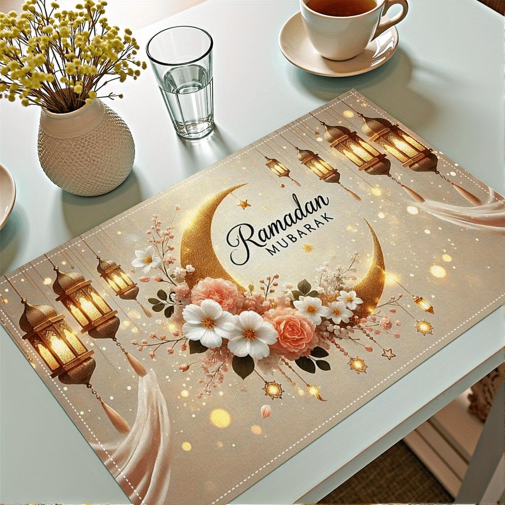 Ramadan Mubarak Leinen-Platzsets Feiertagsparty-Dekoration Goldene Mondlaterne Blumige Eid Al-Fitr Tischsets Ramadan-Dekorationen