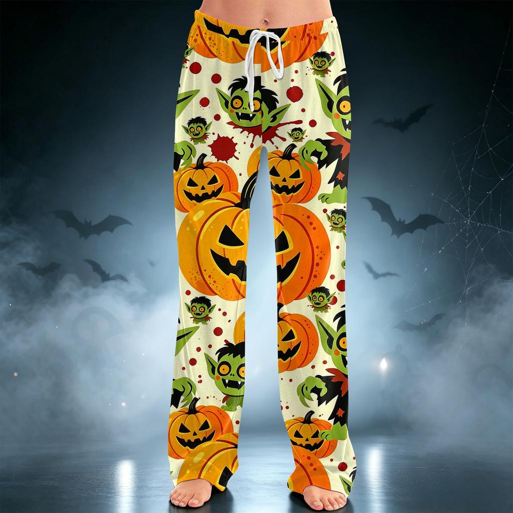 Women's Halloween Print Drawstring Wide Leg Pants for Casual Home Wear