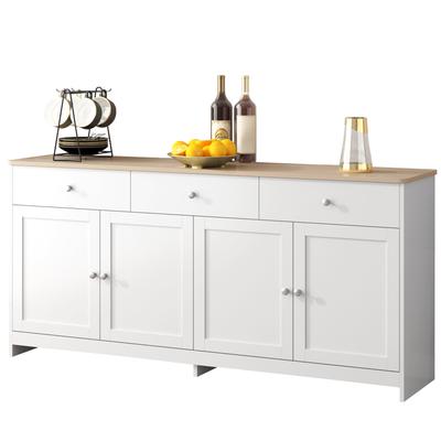 Sideboard mit weißer Holzmaserung, vier Türen, mit drei Schubladen, Wohnzimmer, Esszimmer. Holzfarbe und Weiß.[ALTE SKU: WF303839841WAA]