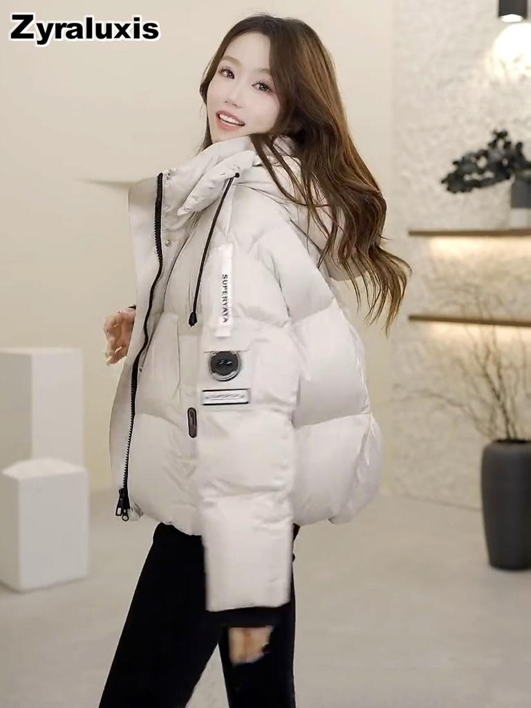 Neue Winter Damen Koreanischer Stil Kurze Kapuzen Daunenjacke Baumwolle Jacke Lässig Locker Dick Warm Mantel