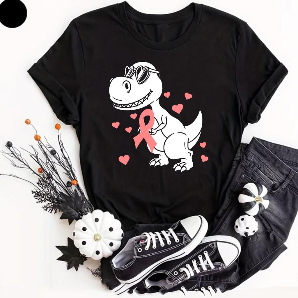 Dinosaur Sunglasses Pink Ribbon Awareness T-Shirt Dino T-Rex Casual 100% Cotton