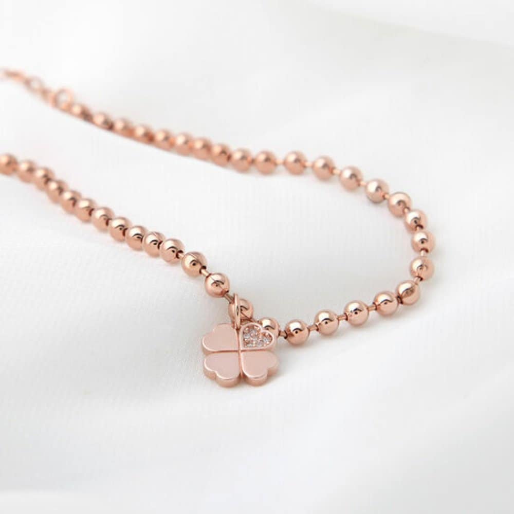 Four-leaf clover 14kg ball chain rose gold anklet Jr357