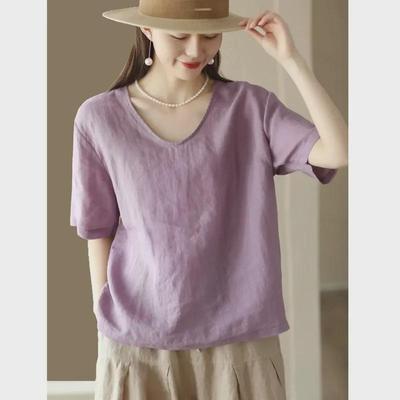 Women's Retro Cotton & Linen V-Neck Short-Sleeve Slim Pullover Top