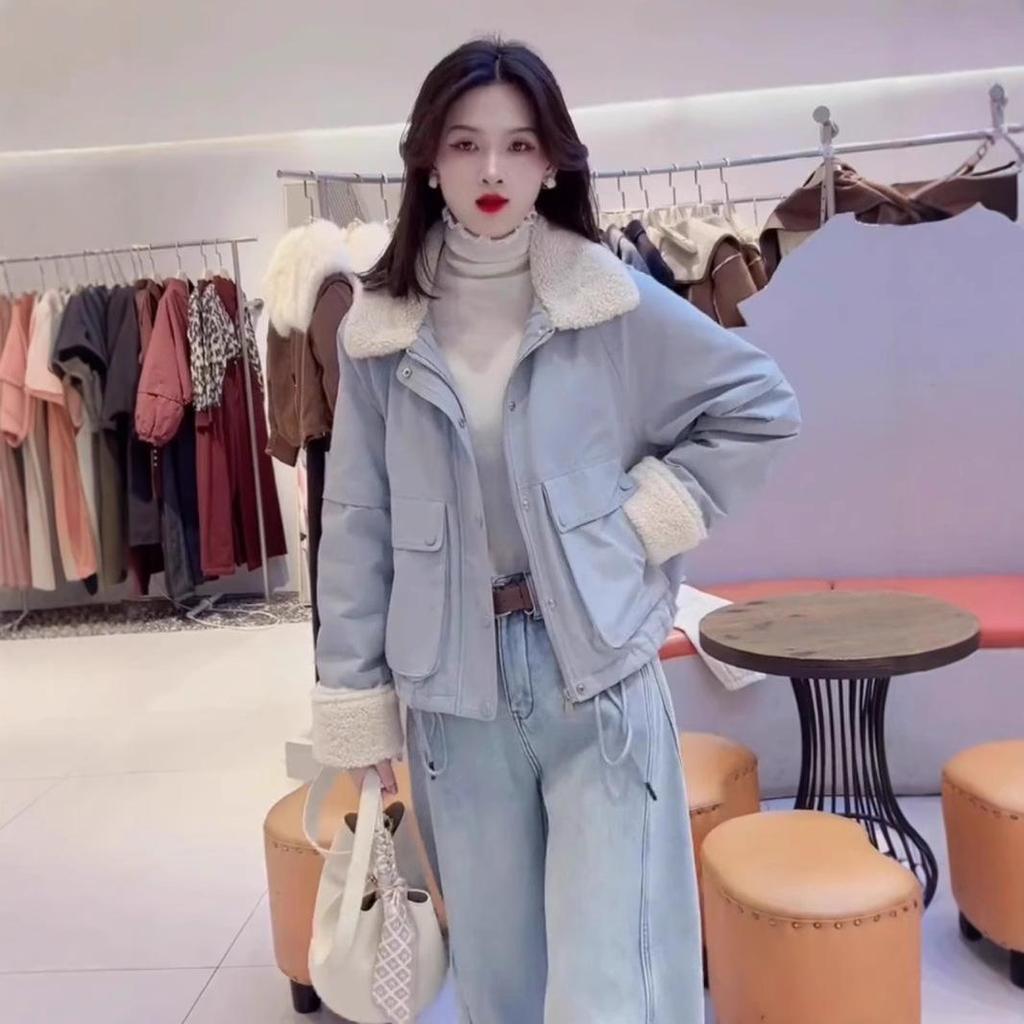 Women's 2024 Winter Korean-Style Lambswool Collar Fleece-Lined Jacket - Casual, Loose, Slimming Parka Top