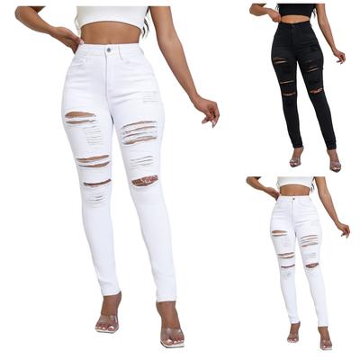 Jeans rasgado de cintura alta para mulheres, jeans skinny com levantamento de bumbum, jeans desgastado, jeggings para mulheres