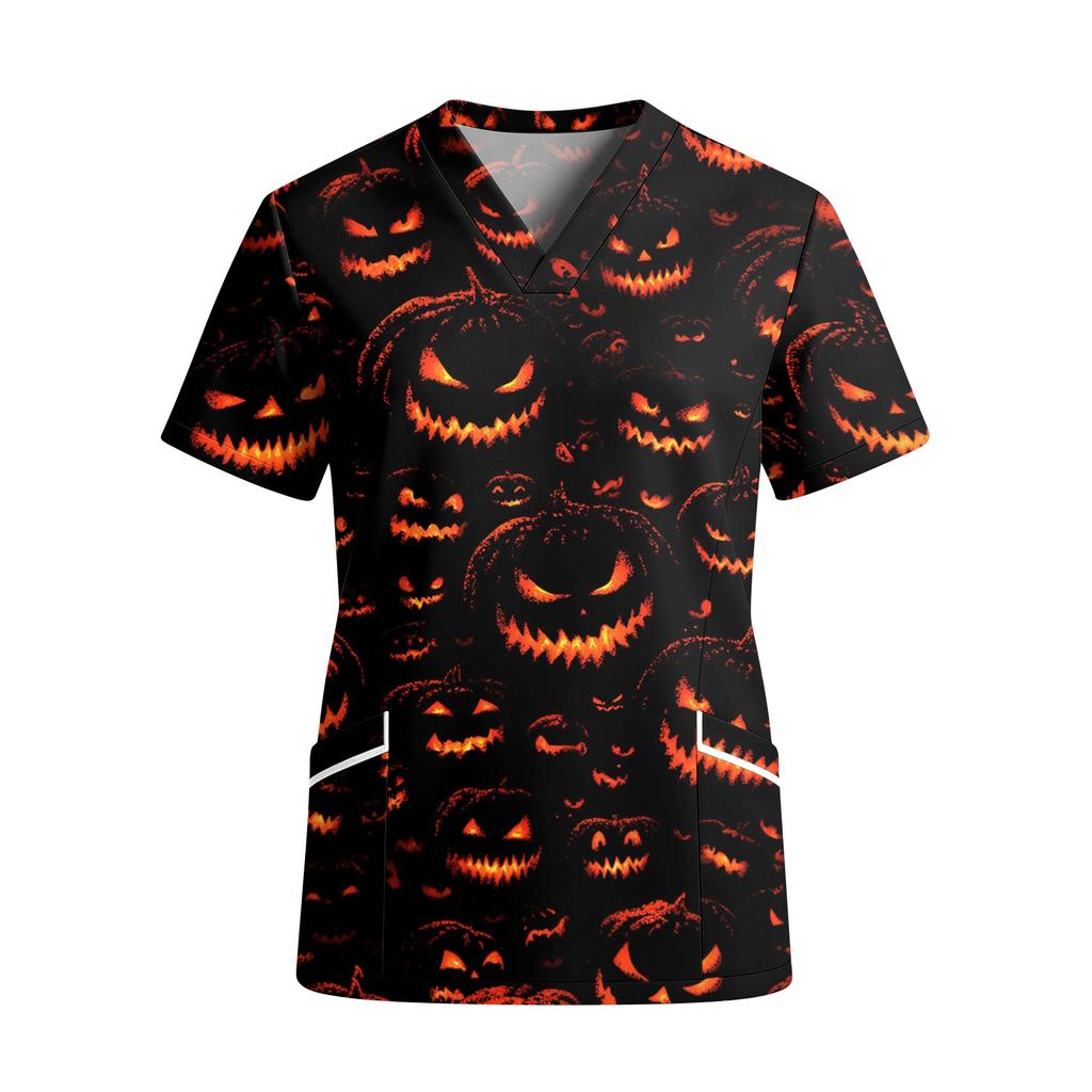 Women V Neck Short Sleeve Work Top with Pockets Halloween Pumpkin Print Medical Scrub Shirt Lightweight Comfortable Fit
