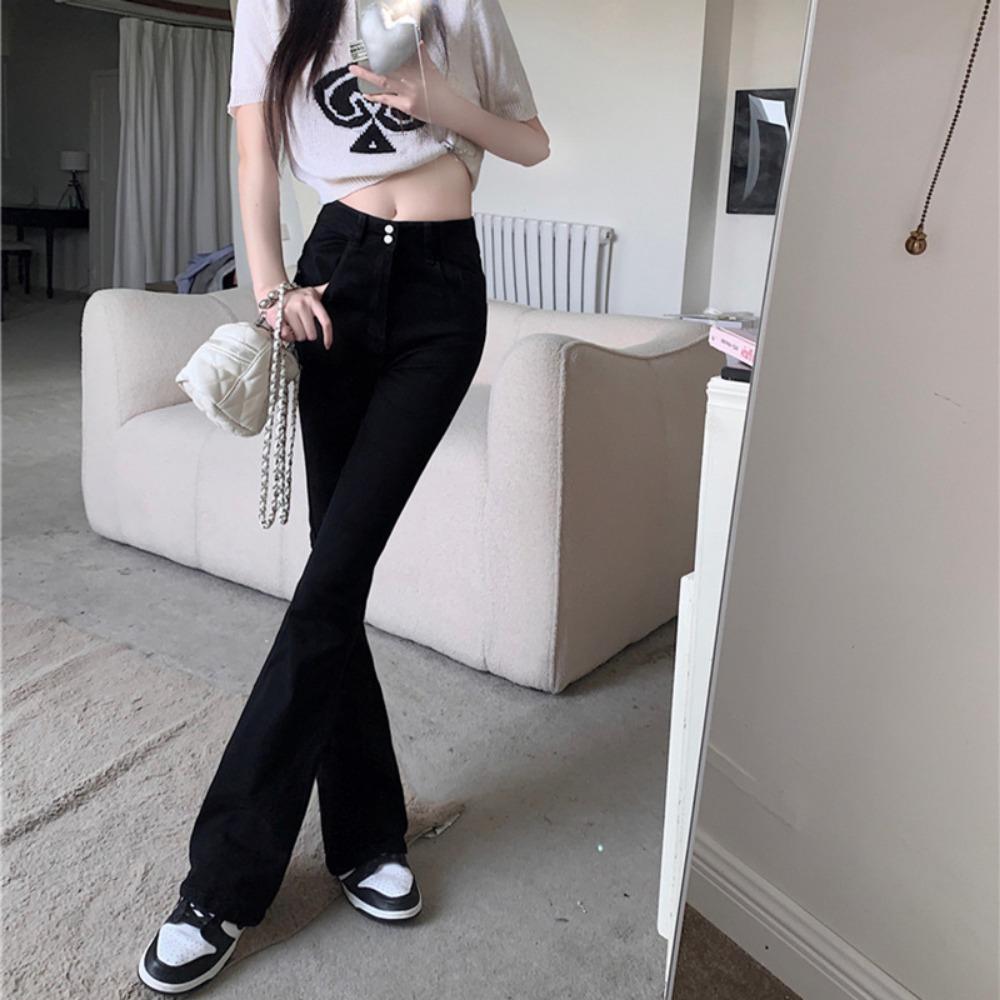 High Street Spice Girl micro-pull double-button jeans women's spring and autumn new slim-fitting and thin high-waisted floor-mopping horseshoe pants