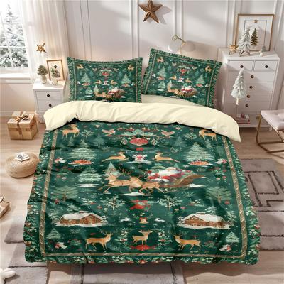 3 Pcs Green Christmas Print Coreless Set Soft and Comfortable Including 1 Duvet Cover and 2 Complete Sets for Gift