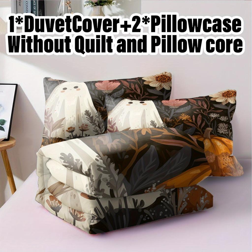 3pcs Halloween Pumpkin Monster Duvet Cover Set Without Core, Quilt Cover with 2 PillowcasesSoft and Machine Washable