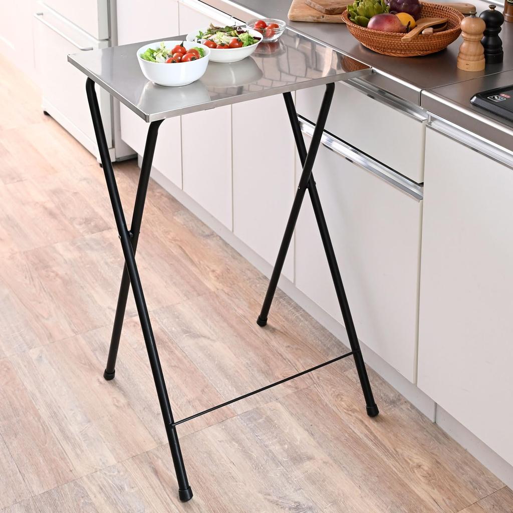 YAMAZEN Folding High Table with Stainless Steel Kitchen 50cm Wide X 48cm Deep X 85cm Fully Black RYSTS-5040H(BK4) Top, Counter/Worktop, High,