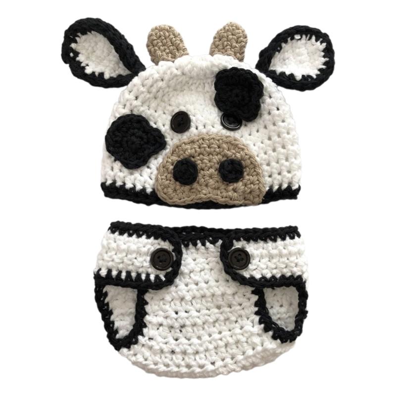 

Baby Photography Cow Costume Newborns Shower Photo Props Baby Photoshoots Hat Pants Infant Photo Suit Crochet Clothing M