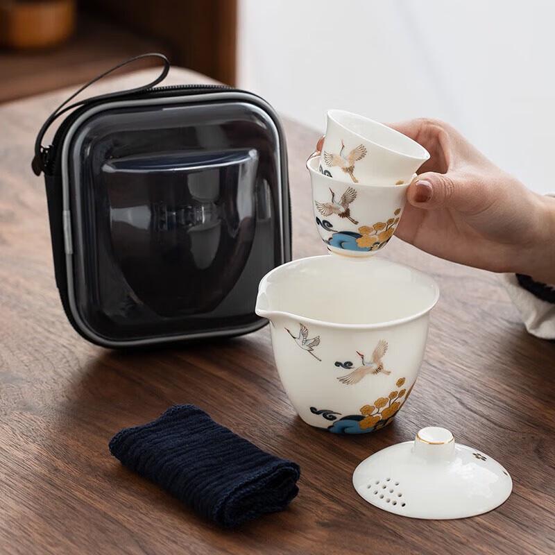 Portable Ceramic Kung Fu Tea Set - Floral Crane Design