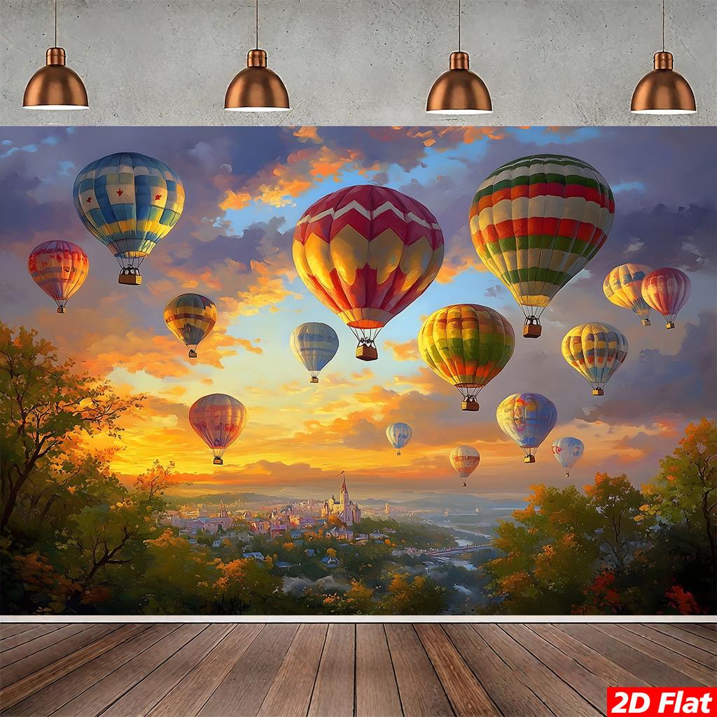 2D planar hot air balloon tapestry wall sticker - Vibrant sunset sky, combined with colorful balloons and castle sceneryDJH