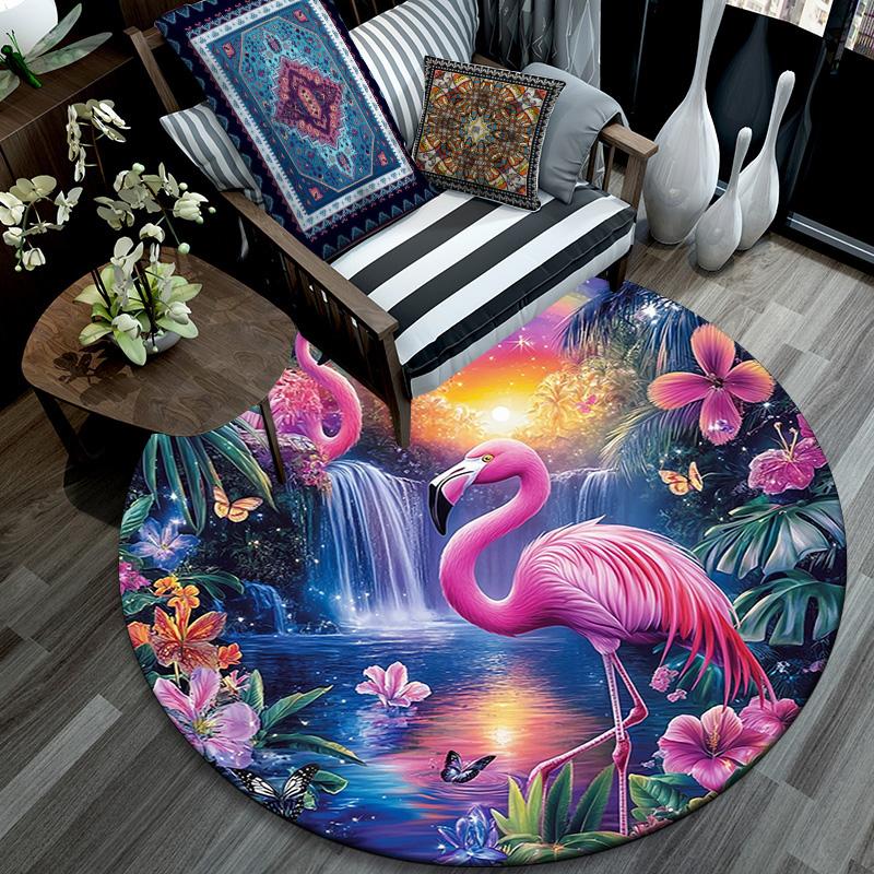 Flamingos Round Area Rug,Carpet Rug for Living Room Bedroom Sofa Playroom Decor,Non-slip Floor Mat