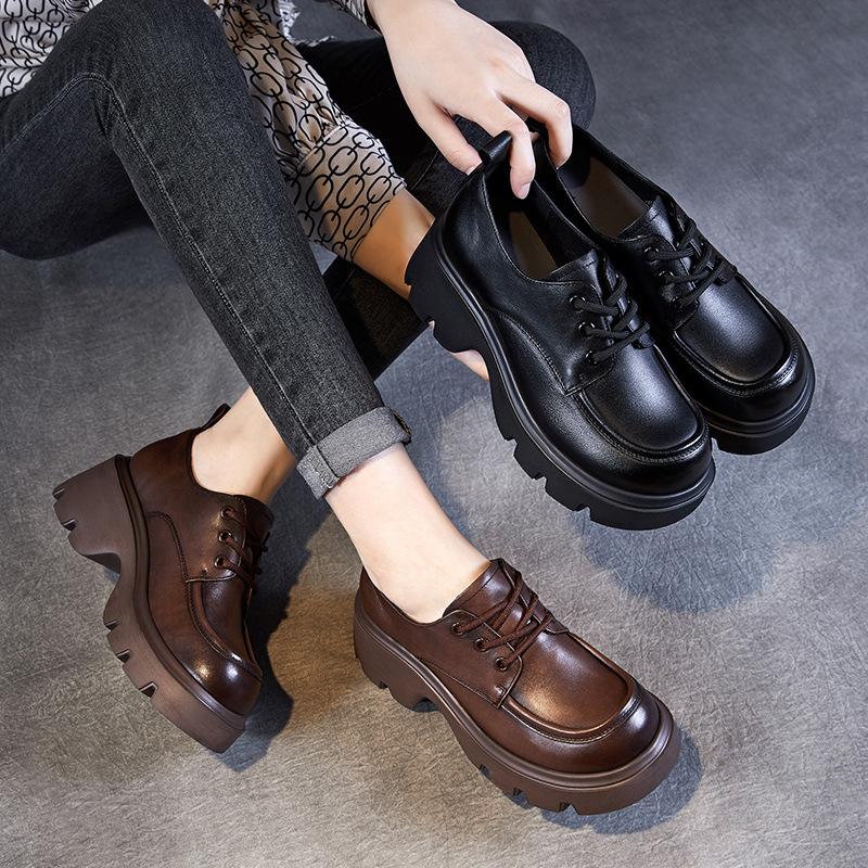 Leder braun retro kleine Lederschuhe Damen neu Frühling und Herbst dicke Sohle Plateau britischer Stil Schnür-Loafer